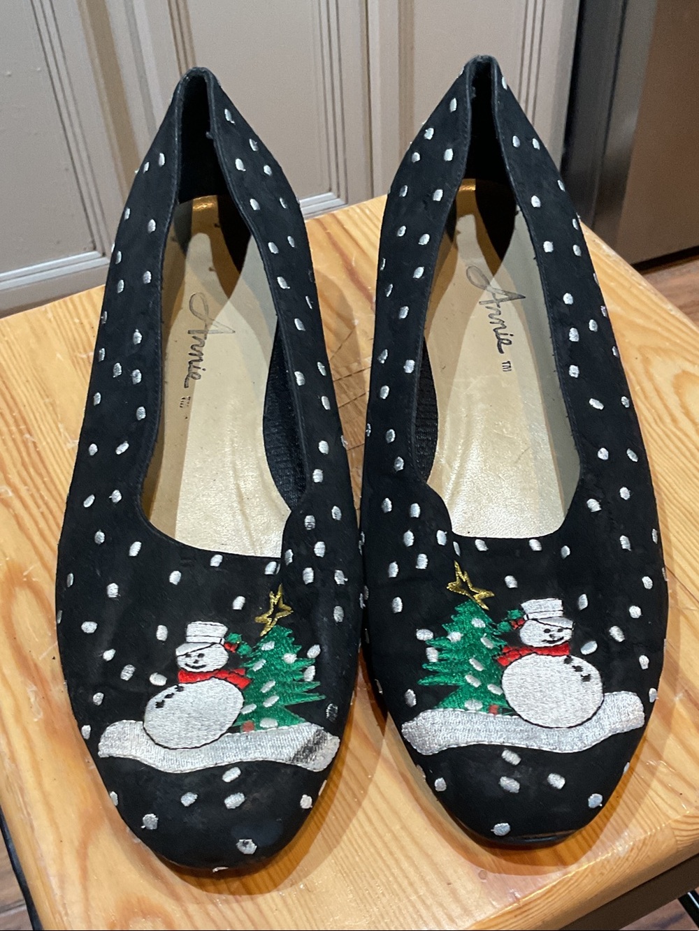Annie Black Ballet Flats with Snowman & Green Tree Embroidery